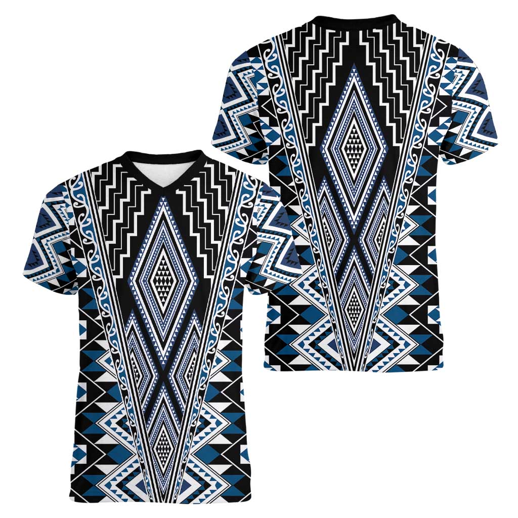 Blue Aotearoa Tukutuku and Poutama Motif Women V-Neck T-Shirt