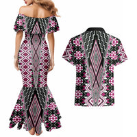 Pink Aotearoa Tukutuku and Poutama Motif Couples Matching Mermaid Dress and Hawaiian Shirt LT03 - Polynesian Pride