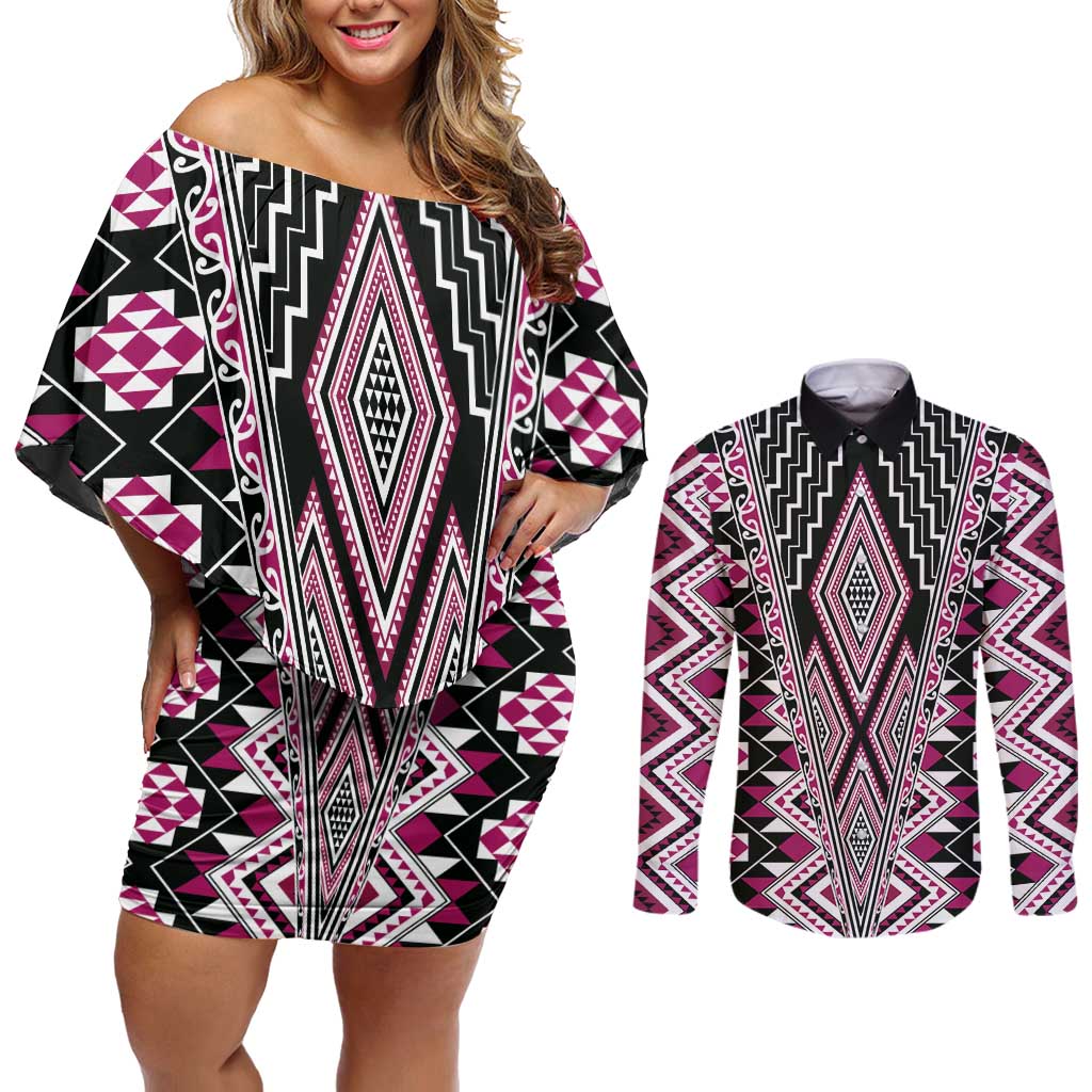 Pink Aotearoa Tukutuku and Poutama Motif Couples Matching Off Shoulder Short Dress and Long Sleeve Button Shirt