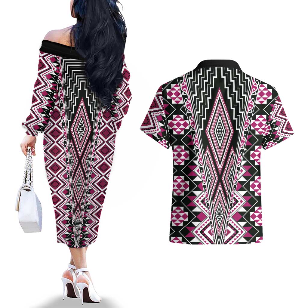 Pink Aotearoa Tukutuku and Poutama Motif Couples Matching Off The Shoulder Long Sleeve Dress and Hawaiian Shirt LT03 - Polynesian Pride