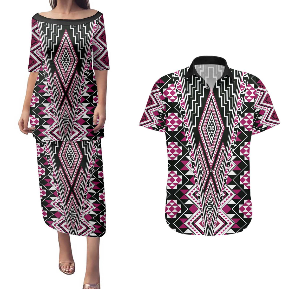 Pink Aotearoa Tukutuku and Poutama Motif Couples Matching Puletasi and Hawaiian Shirt LT03 Pink - Polynesian Pride