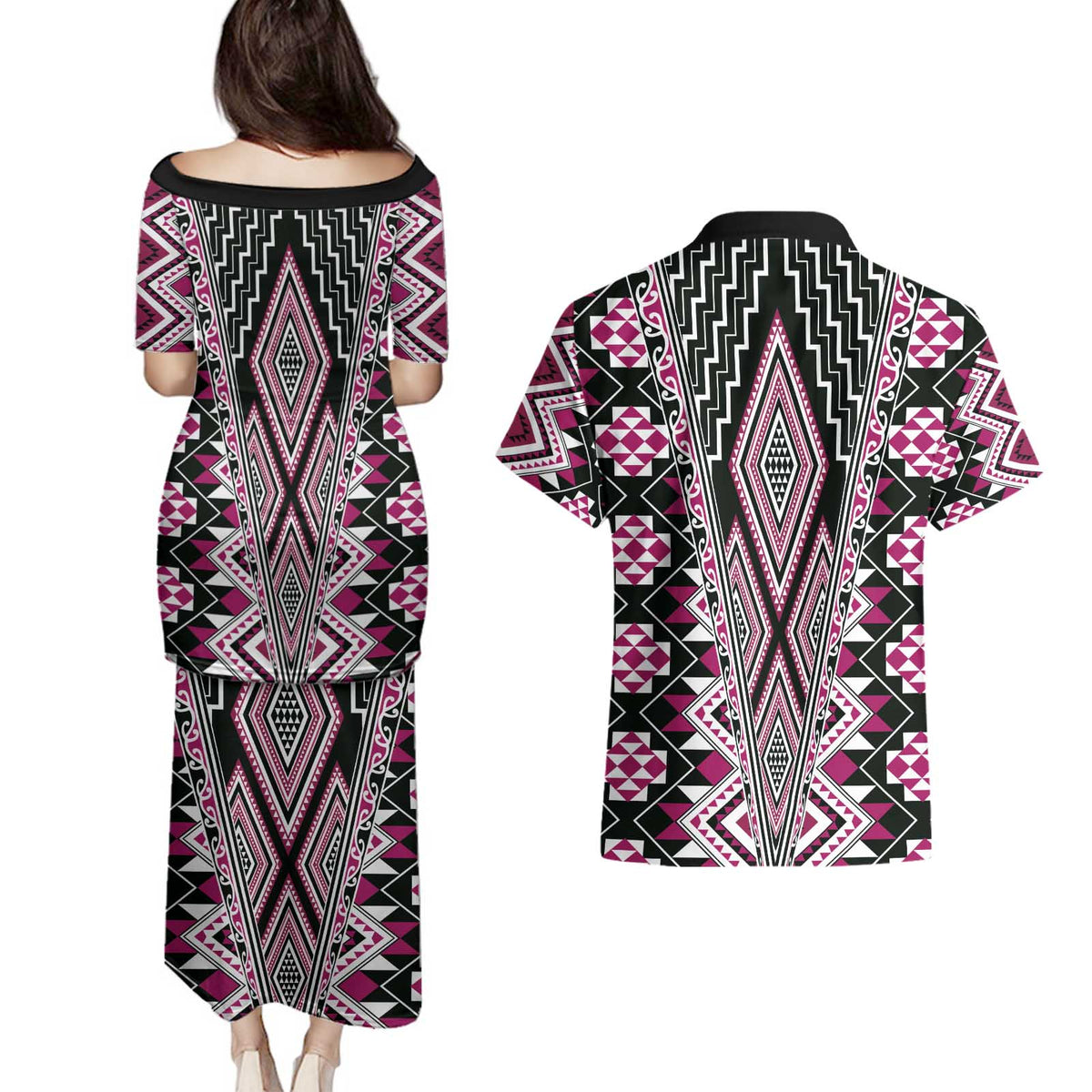 Pink Aotearoa Tukutuku and Poutama Motif Couples Matching Puletasi and Hawaiian Shirt LT03 - Polynesian Pride