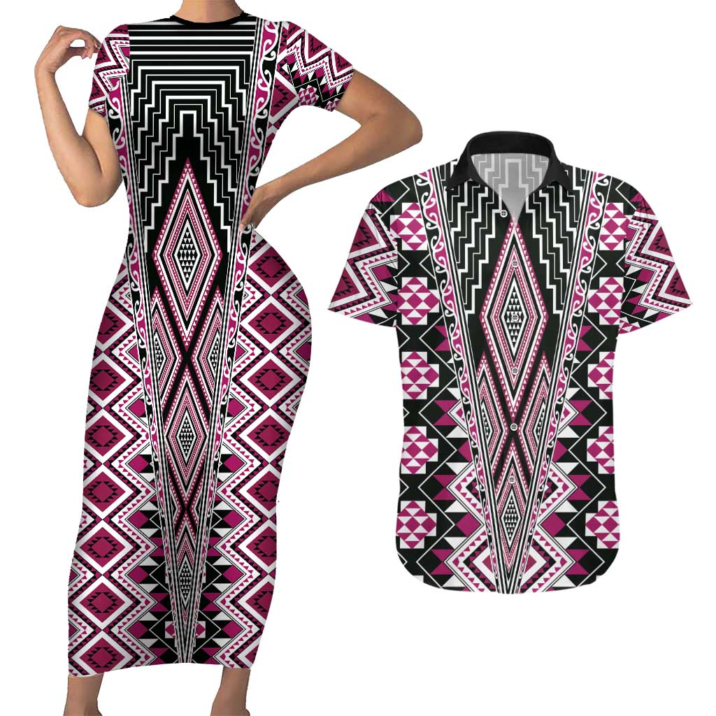Pink Aotearoa Tukutuku and Poutama Motif Couples Matching Short Sleeve Bodycon Dress and Hawaiian Shirt LT03 Pink - Polynesian Pride