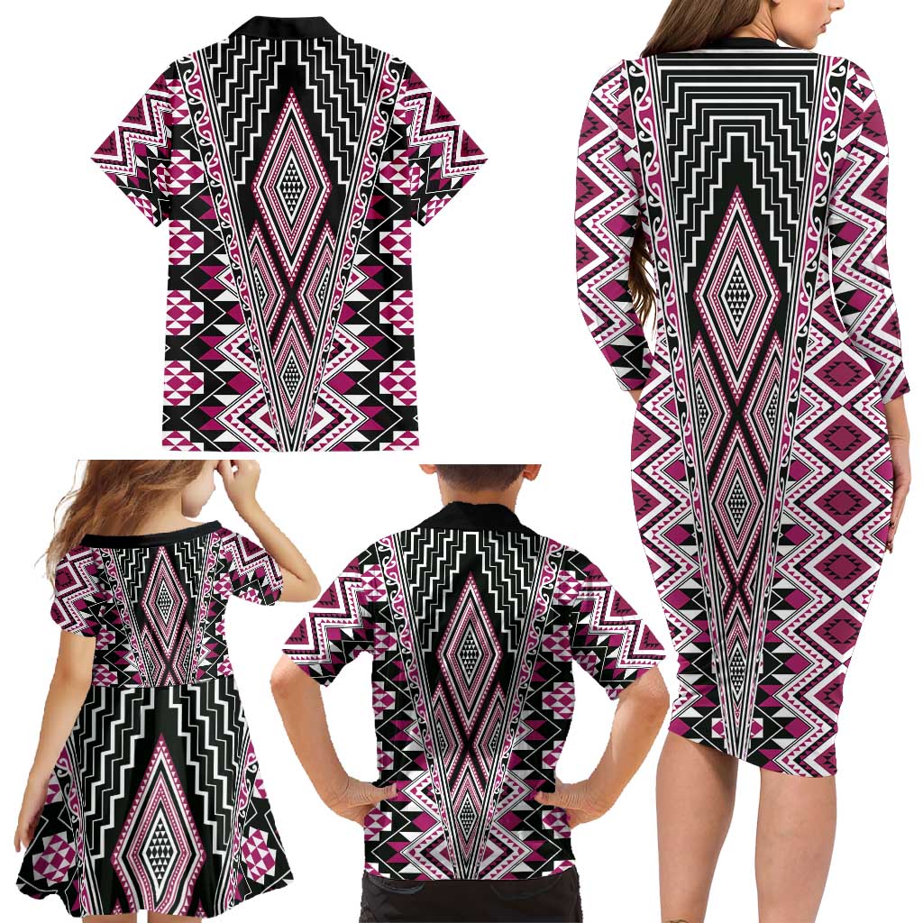 Pink Aotearoa Tukutuku and Poutama Motif Family Matching Long Sleeve Bodycon Dress and Hawaiian Shirt LT03 - Polynesian Pride