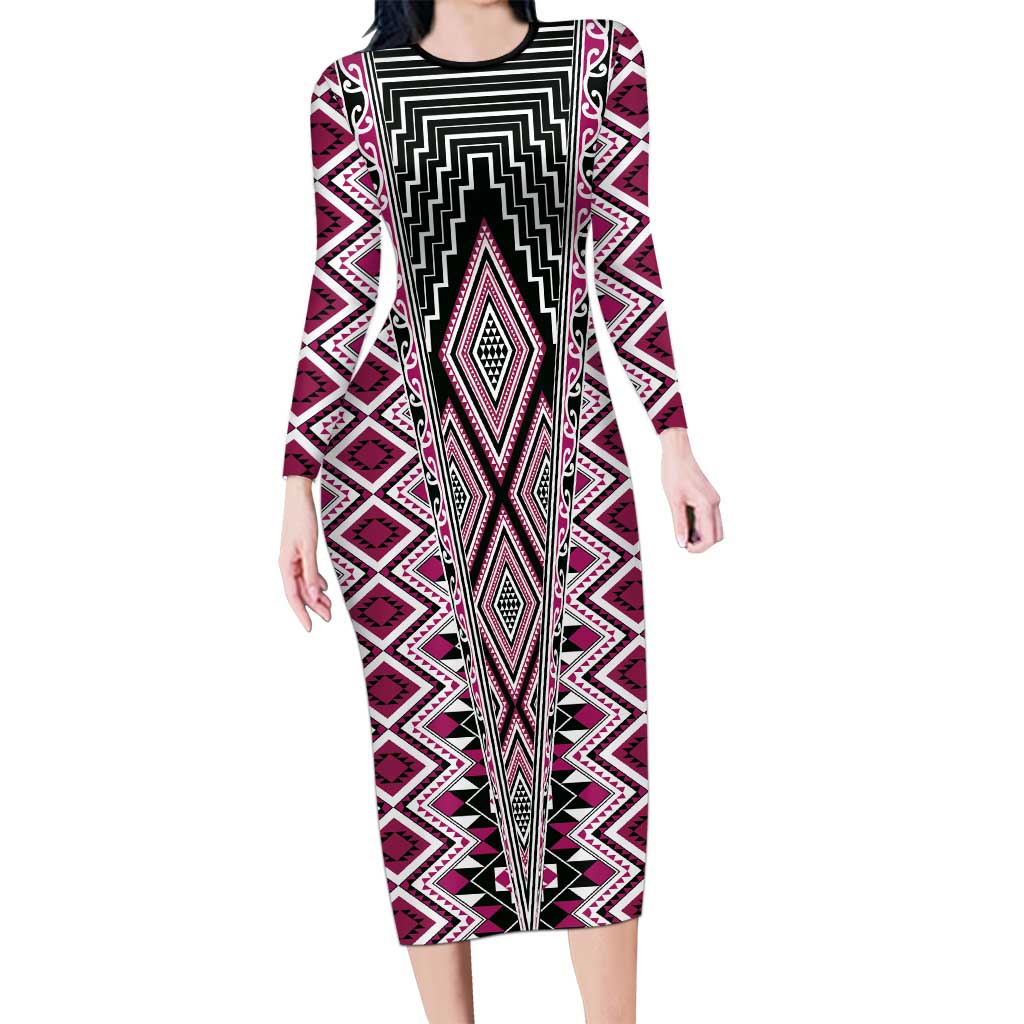 Pink Aotearoa Tukutuku and Poutama Motif Family Matching Long Sleeve Bodycon Dress and Hawaiian Shirt LT03 Mom's Dress Pink - Polynesian Pride