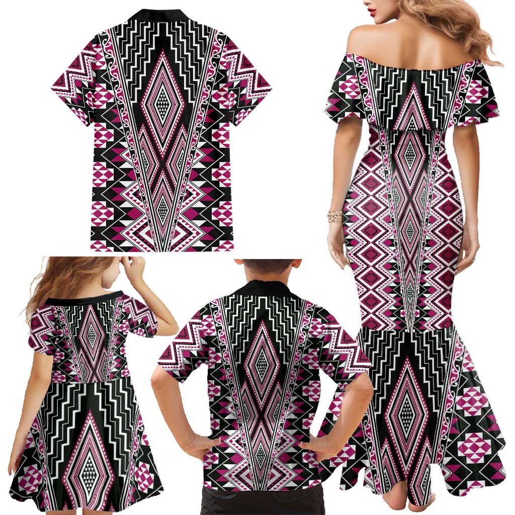 Pink Aotearoa Tukutuku and Poutama Motif Family Matching Mermaid Dress and Hawaiian Shirt LT03 - Polynesian Pride