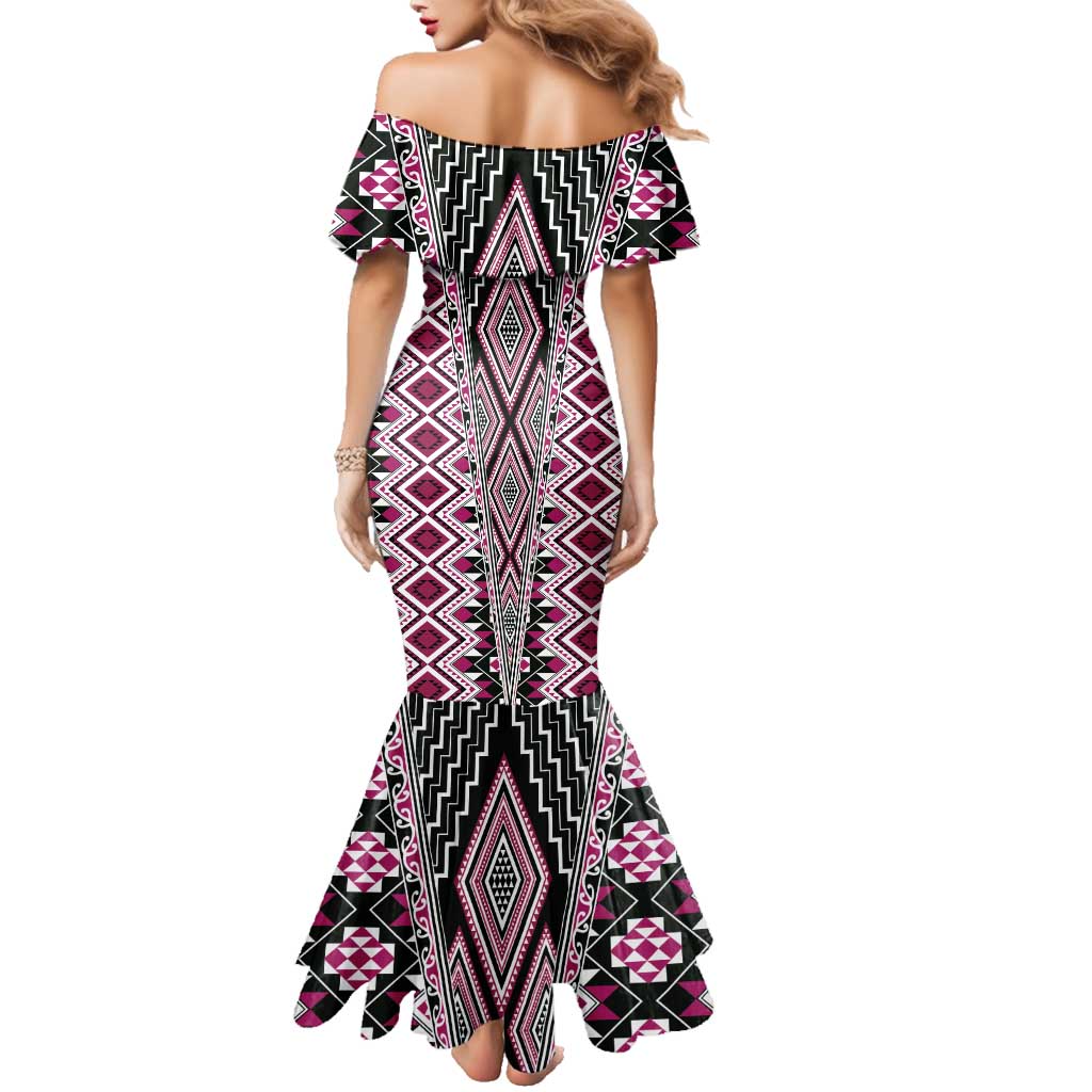 Pink Aotearoa Tukutuku and Poutama Motif Family Matching Mermaid Dress and Hawaiian Shirt LT03 - Polynesian Pride