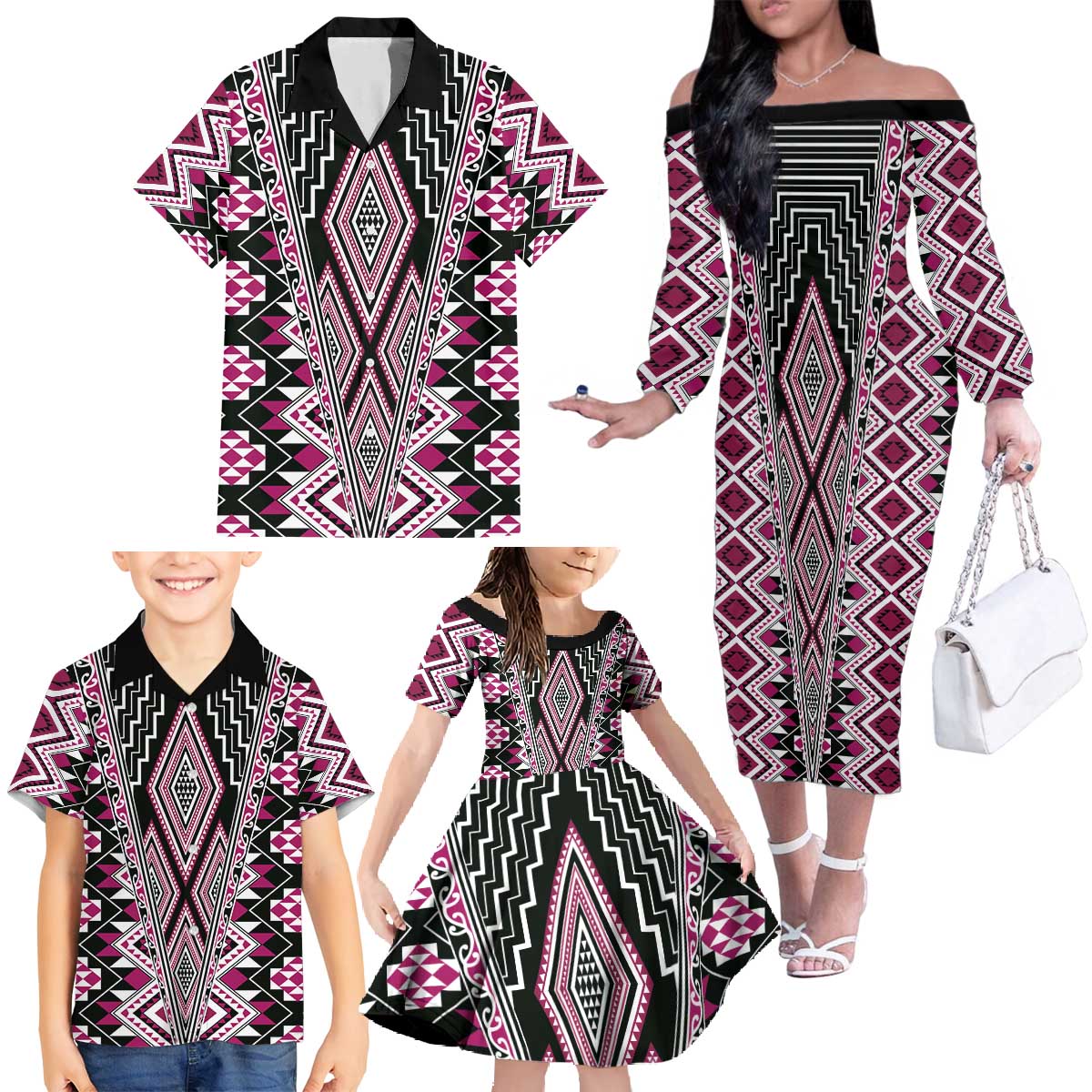 Pink Aotearoa Tukutuku and Poutama Motif Family Matching Off The Shoulder Long Sleeve Dress and Hawaiian Shirt LT03 - Polynesian Pride