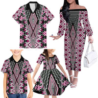Pink Aotearoa Tukutuku and Poutama Motif Family Matching Off The Shoulder Long Sleeve Dress and Hawaiian Shirt LT03 - Polynesian Pride