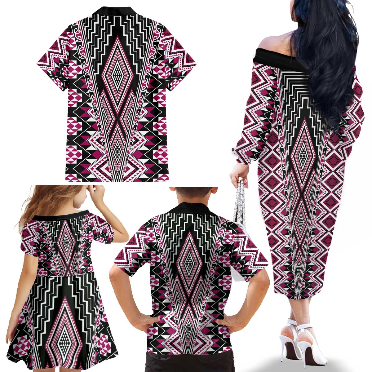 Pink Aotearoa Tukutuku and Poutama Motif Family Matching Off The Shoulder Long Sleeve Dress and Hawaiian Shirt LT03 - Polynesian Pride