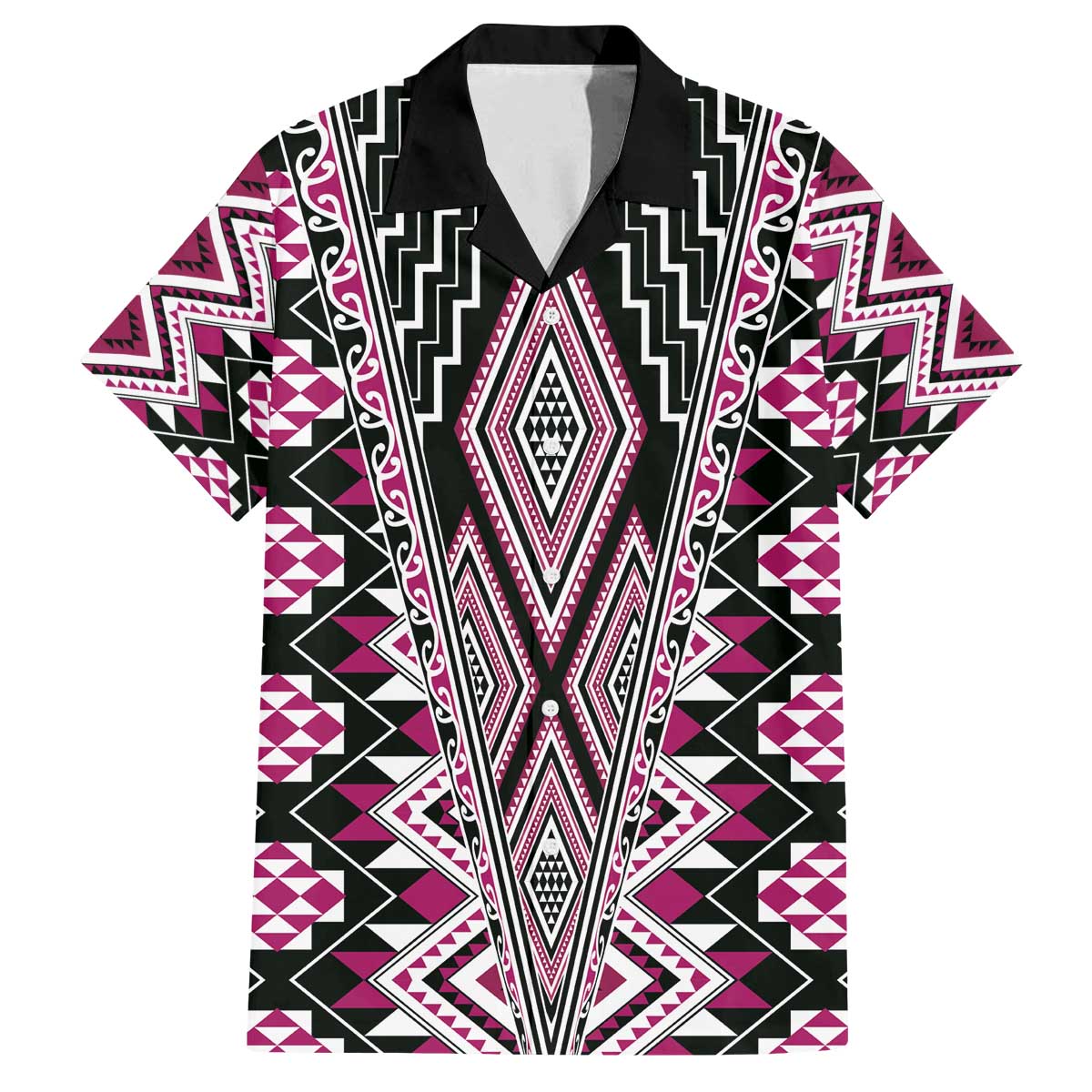 Pink Aotearoa Tukutuku and Poutama Motif Family Matching Off The Shoulder Long Sleeve Dress and Hawaiian Shirt LT03 Dad's Shirt - Short Sleeve Pink - Polynesian Pride