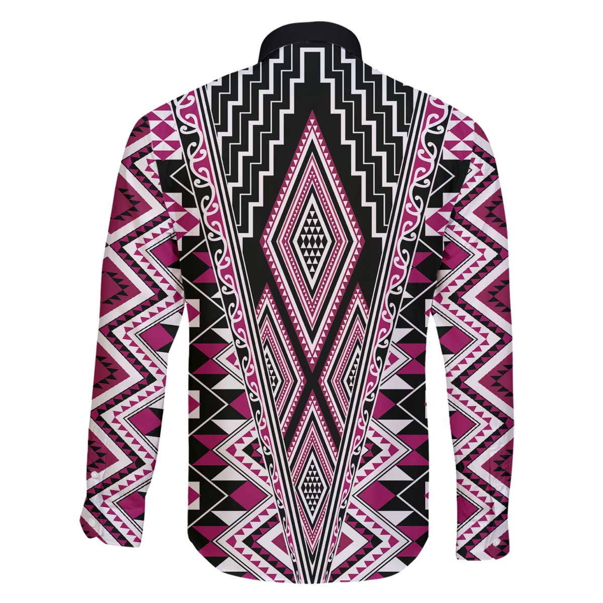 Pink Aotearoa Tukutuku and Poutama Motif Family Matching Off The Shoulder Long Sleeve Dress and Hawaiian Shirt LT03 - Polynesian Pride