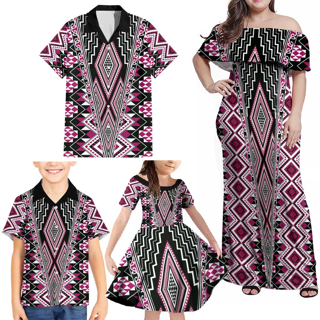 Pink Aotearoa Tukutuku and Poutama Motif Family Matching Off Shoulder Maxi Dress and Hawaiian Shirt LT03 - Polynesian Pride