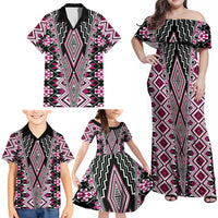 Pink Aotearoa Tukutuku and Poutama Motif Family Matching Off Shoulder Maxi Dress and Hawaiian Shirt LT03 - Polynesian Pride