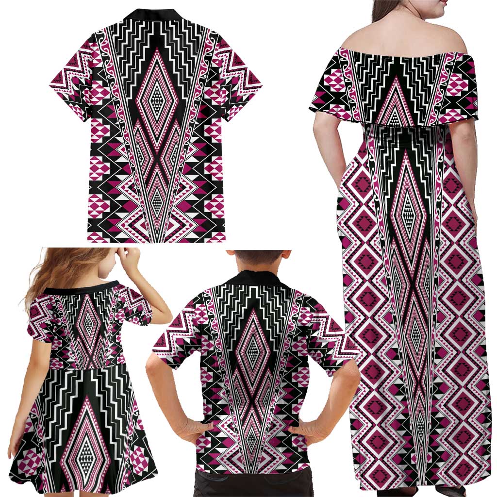 Pink Aotearoa Tukutuku and Poutama Motif Family Matching Off Shoulder Maxi Dress and Hawaiian Shirt LT03 - Polynesian Pride