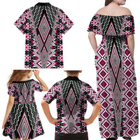 Pink Aotearoa Tukutuku and Poutama Motif Family Matching Off Shoulder Maxi Dress and Hawaiian Shirt LT03 - Polynesian Pride