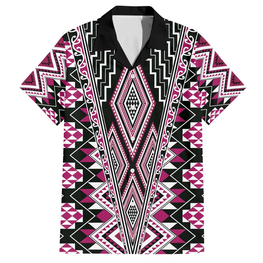 Pink Aotearoa Tukutuku and Poutama Motif Family Matching Off Shoulder Maxi Dress and Hawaiian Shirt LT03 Dad's Shirt - Short Sleeve Pink - Polynesian Pride