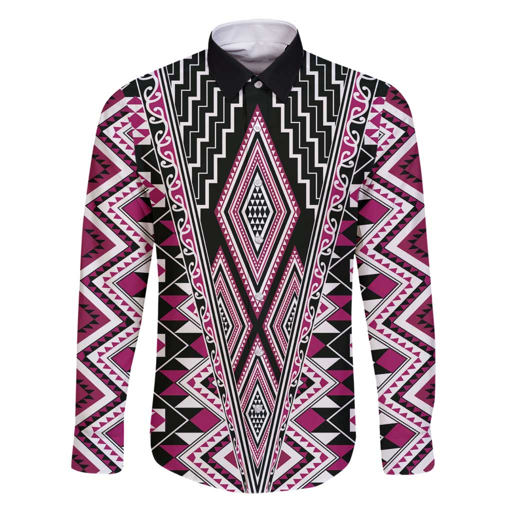 Pink Aotearoa Tukutuku and Poutama Motif Family Matching Off Shoulder Maxi Dress and Hawaiian Shirt LT03 Dad's Shirt - Long Sleeve Pink - Polynesian Pride