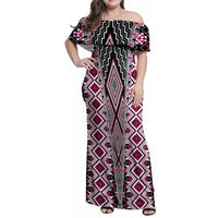 Pink Aotearoa Tukutuku and Poutama Motif Family Matching Off Shoulder Maxi Dress and Hawaiian Shirt LT03 Mom's Dress Pink - Polynesian Pride