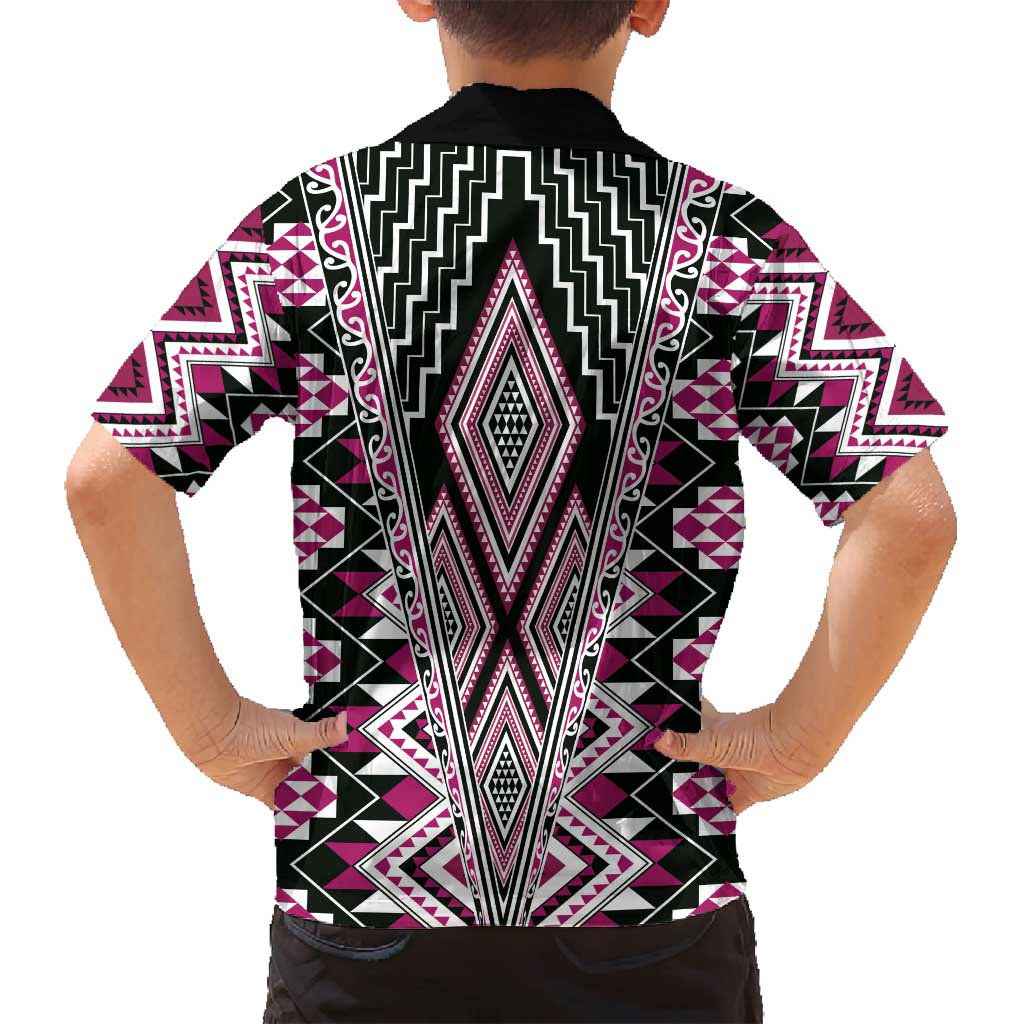 Pink Aotearoa Tukutuku and Poutama Motif Family Matching Off Shoulder Short Dress and Hawaiian Shirt LT03 - Polynesian Pride