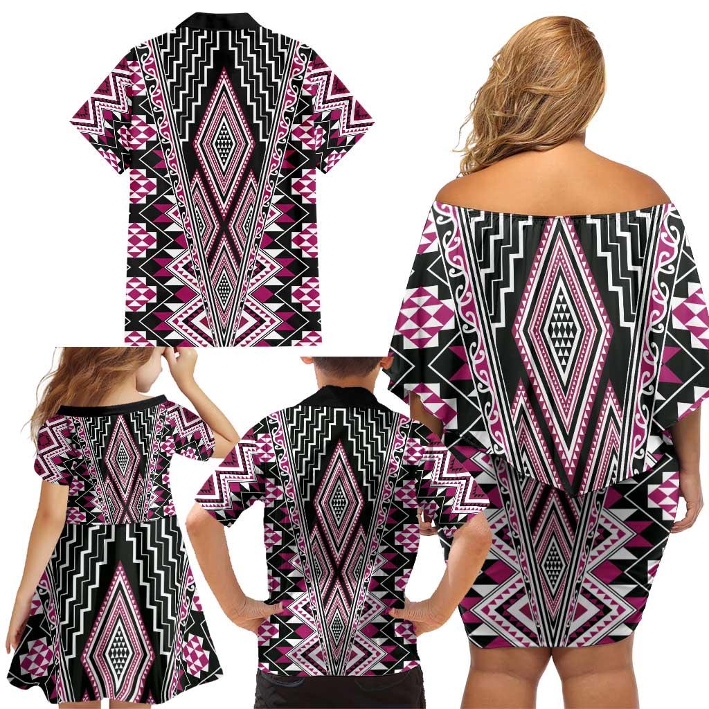 Pink Aotearoa Tukutuku and Poutama Motif Family Matching Off Shoulder Short Dress and Hawaiian Shirt LT03 - Polynesian Pride