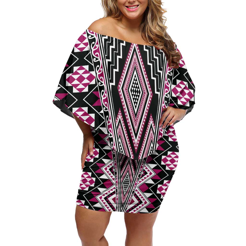 Pink Aotearoa Tukutuku and Poutama Motif Family Matching Off Shoulder Short Dress and Hawaiian Shirt LT03 Mom's Dress Pink - Polynesian Pride