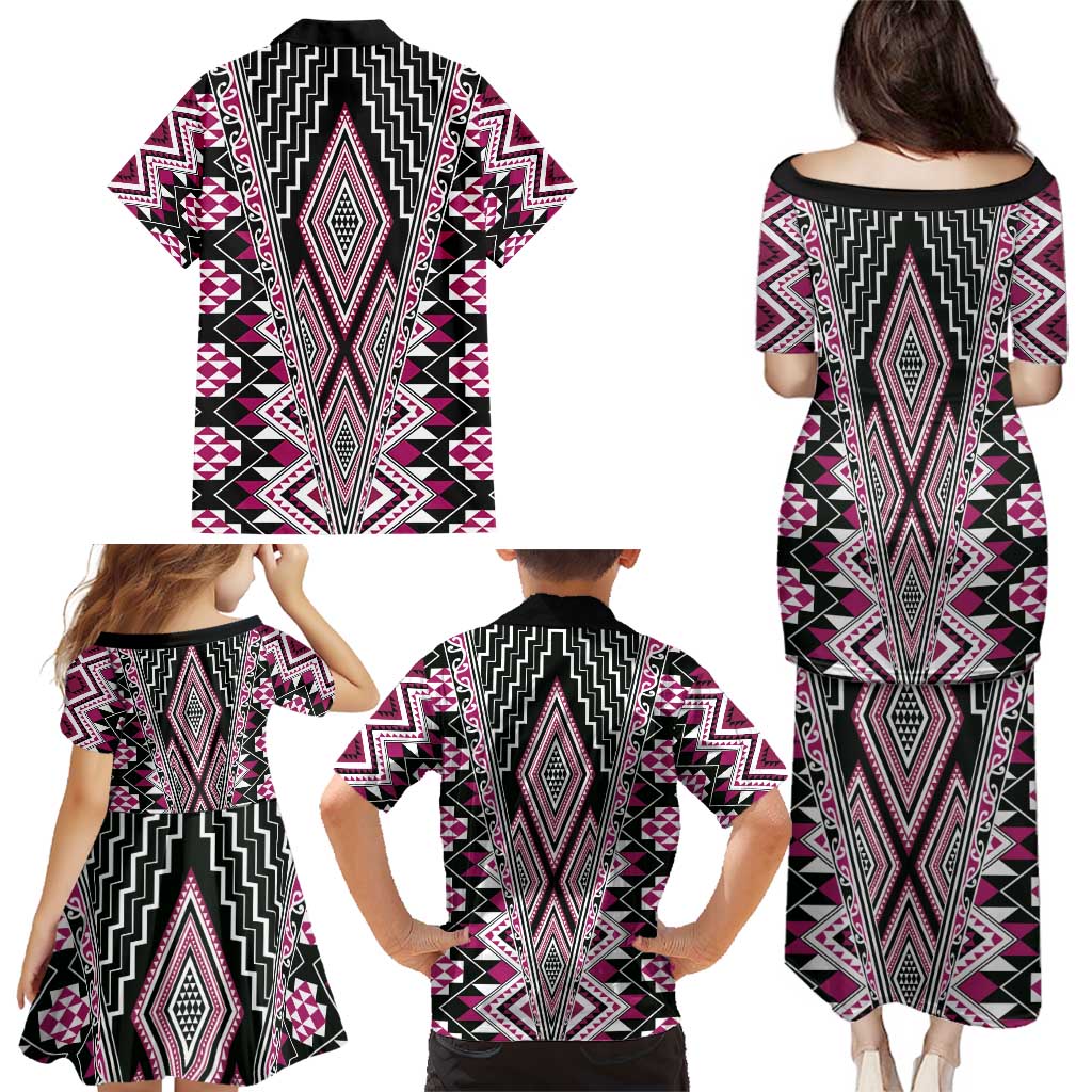 Pink Aotearoa Tukutuku and Poutama Motif Family Matching Puletasi and Hawaiian Shirt LT03 - Polynesian Pride