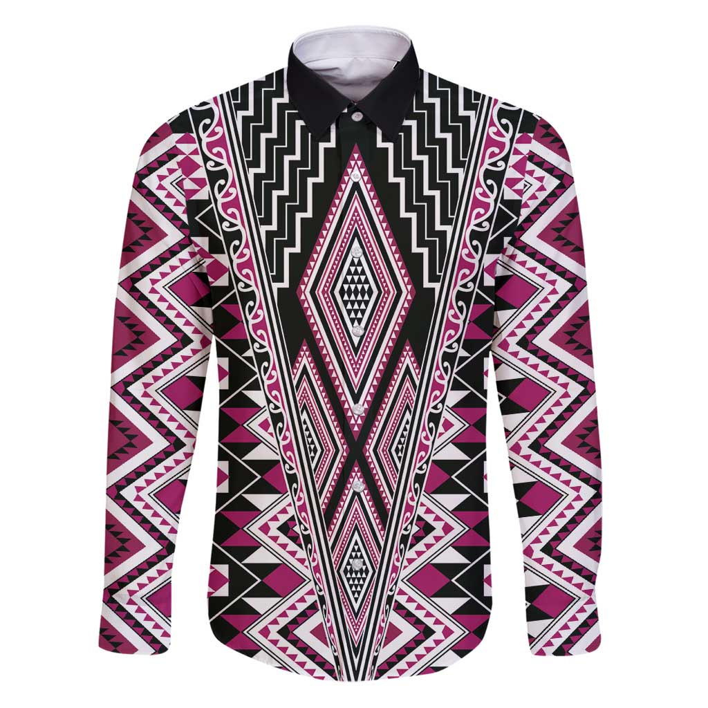 Pink Aotearoa Tukutuku and Poutama Motif Family Matching Puletasi and Hawaiian Shirt LT03 Dad's Shirt - Long Sleeve Pink - Polynesian Pride