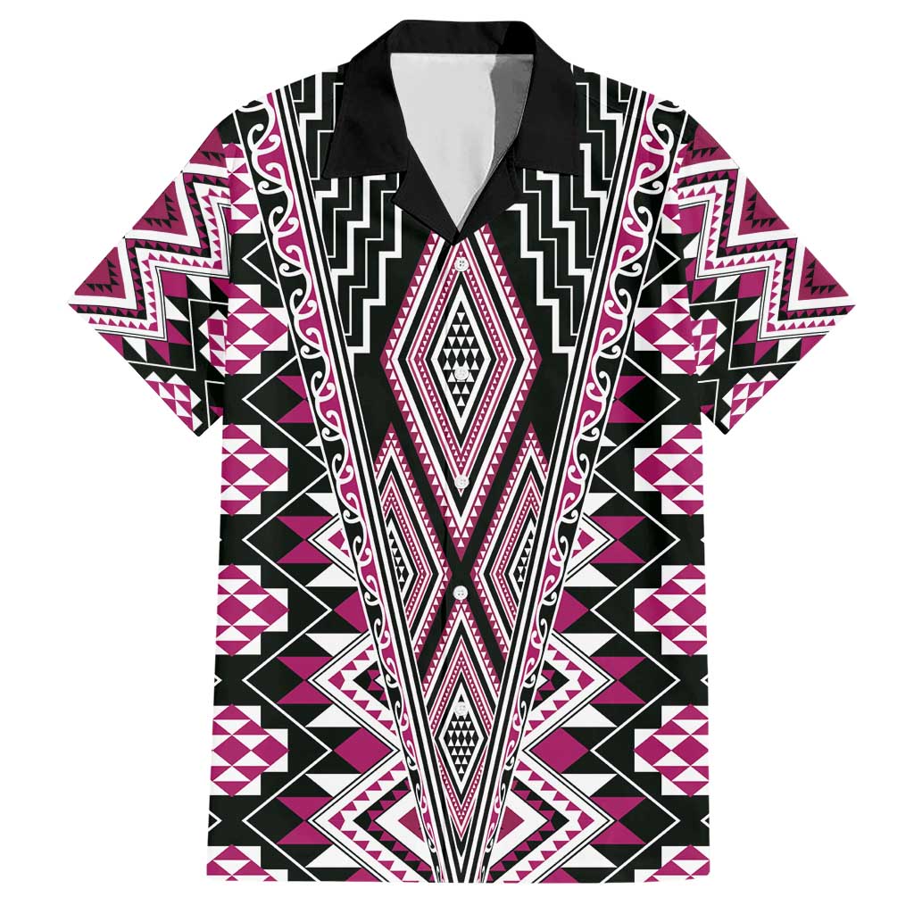 Pink Aotearoa Tukutuku and Poutama Motif Family Matching Short Sleeve Bodycon Dress and Hawaiian Shirt LT03 Dad's Shirt - Short Sleeve Pink - Polynesian Pride