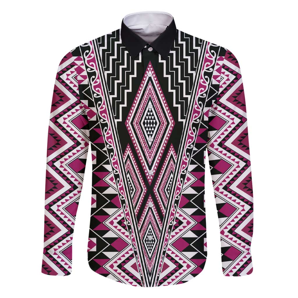 Pink Aotearoa Tukutuku and Poutama Motif Family Matching Short Sleeve Bodycon Dress and Hawaiian Shirt LT03 Dad's Shirt - Long Sleeve Pink - Polynesian Pride