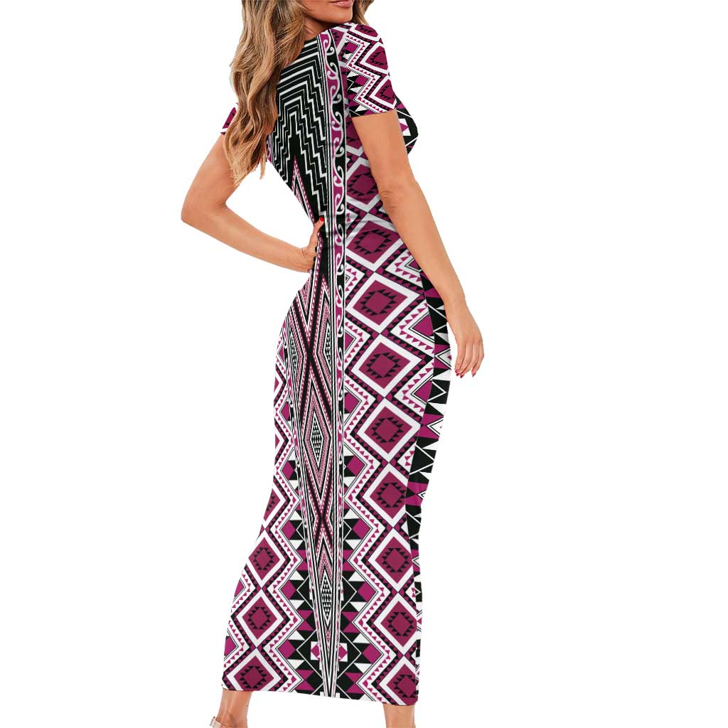 Pink Aotearoa Tukutuku and Poutama Motif Family Matching Short Sleeve Bodycon Dress and Hawaiian Shirt LT03 - Polynesian Pride