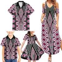 Pink Aotearoa Tukutuku and Poutama Motif Family Matching Summer Maxi Dress and Hawaiian Shirt LT03 - Polynesian Pride