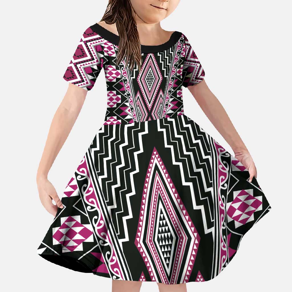 Pink Aotearoa Tukutuku and Poutama Motif Family Matching Tank Maxi Dress and Hawaiian Shirt LT03 Daughter's Dress Pink - Polynesian Pride
