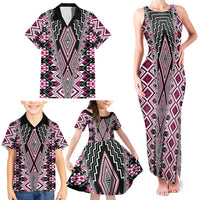 Pink Aotearoa Tukutuku and Poutama Motif Family Matching Tank Maxi Dress and Hawaiian Shirt LT03 - Polynesian Pride