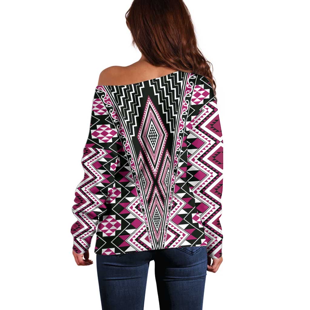 Pink Aotearoa Tukutuku and Poutama Motif Off Shoulder Sweater LT03 - Polynesian Pride