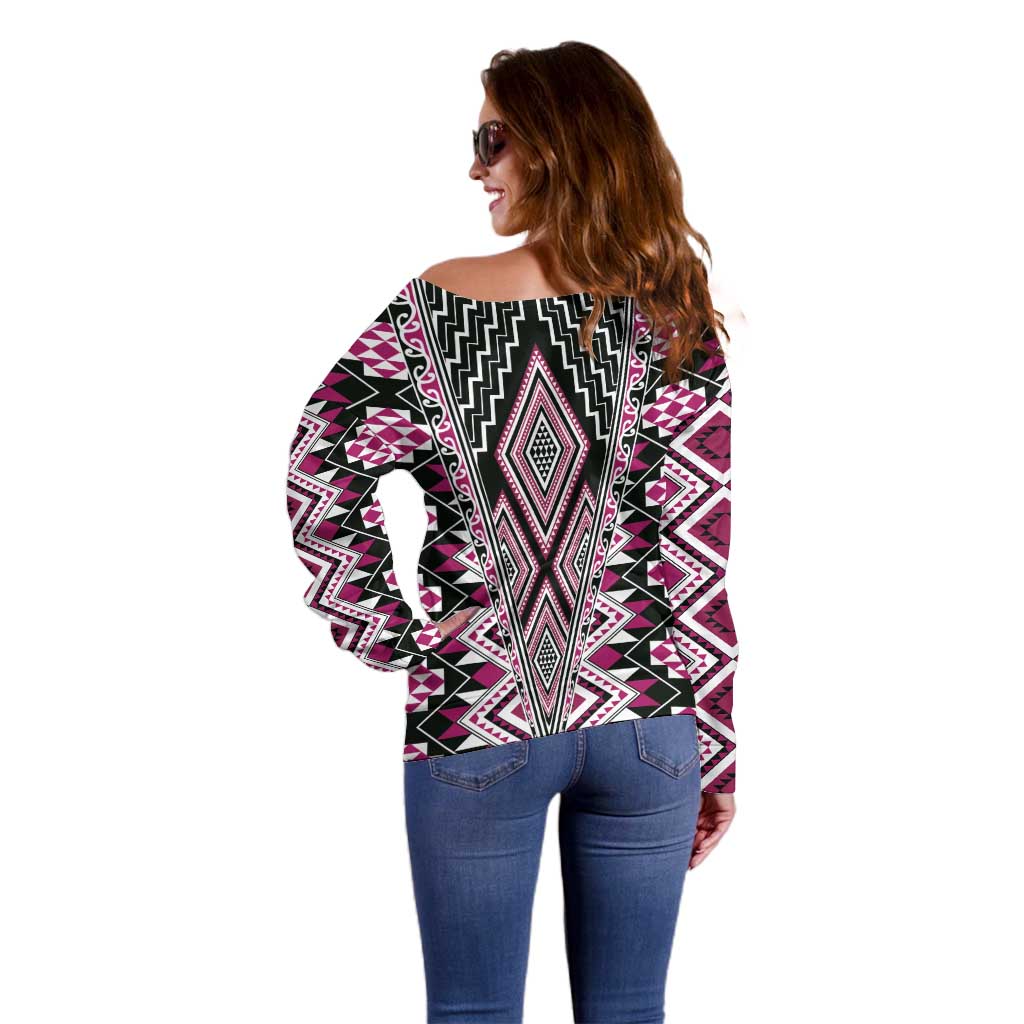 Pink Aotearoa Tukutuku and Poutama Motif Off Shoulder Sweater LT03 - Polynesian Pride