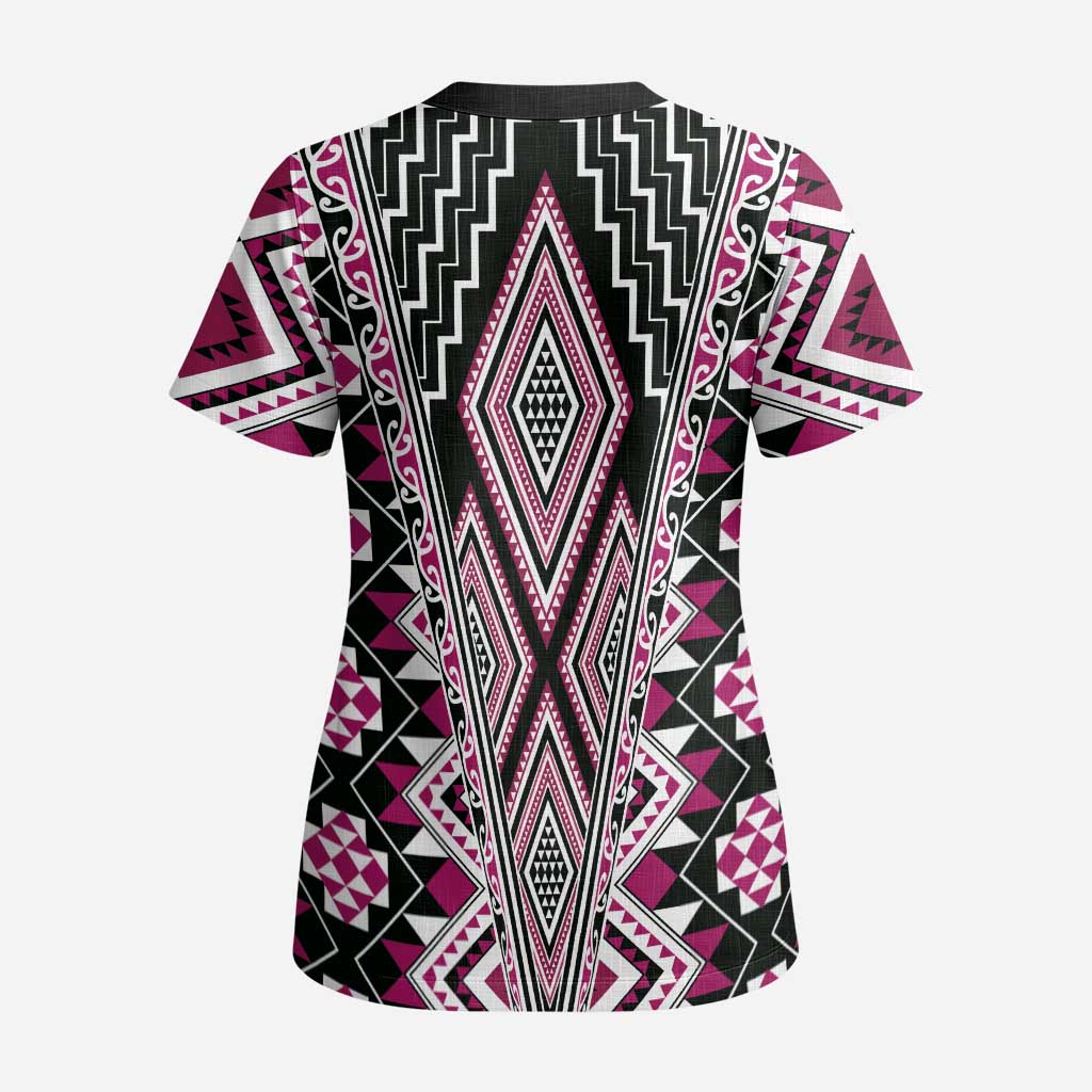 Pink Aotearoa Tukutuku and Poutama Motif Scrub Top - Polynesian Pride