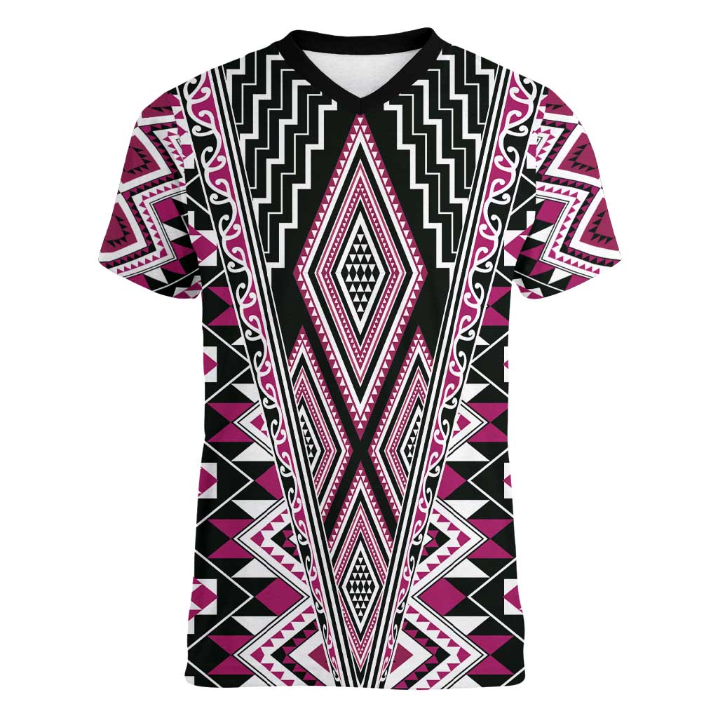 Pink Aotearoa Tukutuku and Poutama Motif Women V-Neck T-Shirt
