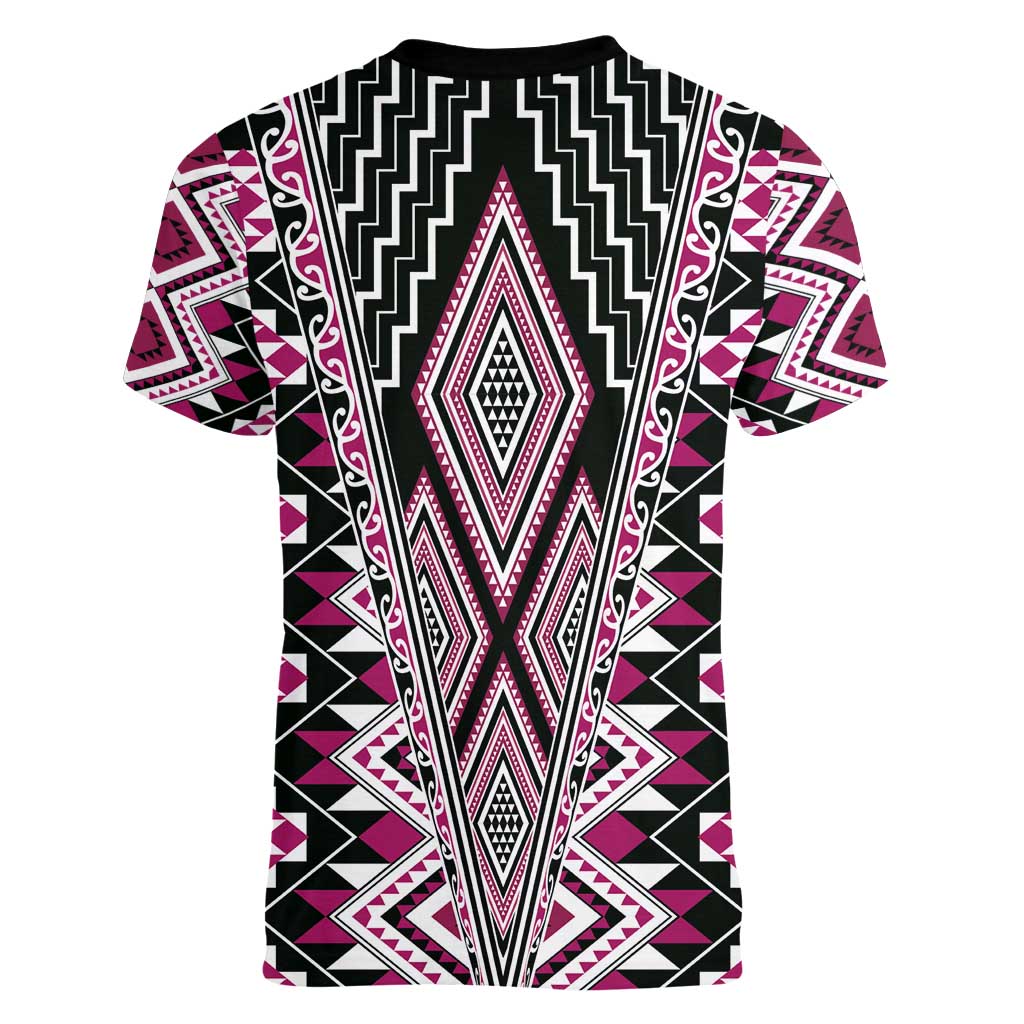 Pink Aotearoa Tukutuku and Poutama Motif Women V-Neck T-Shirt