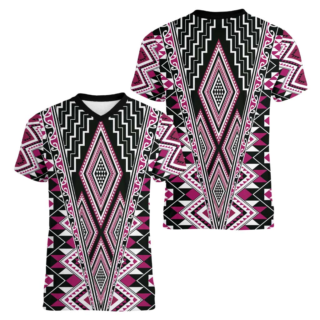 Pink Aotearoa Tukutuku and Poutama Motif Women V-Neck T-Shirt