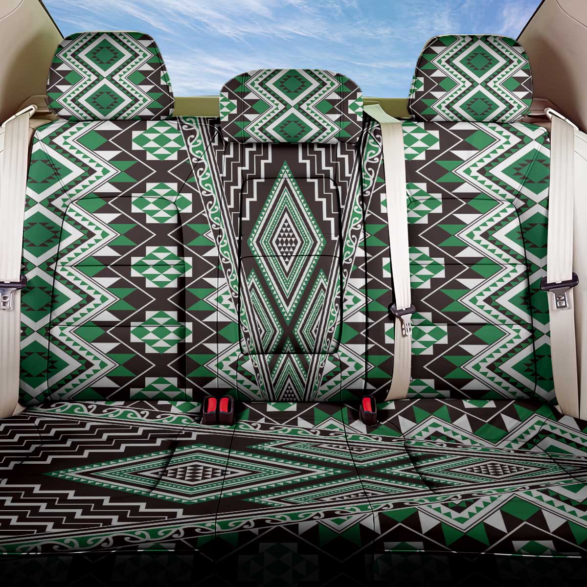 Green Aotearoa Tukutuku and Poutama Motif Back Car Seat Cover LT03 One Size Green - Polynesian Pride