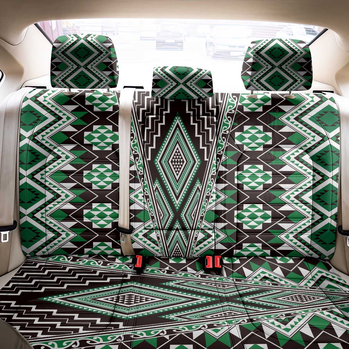 Green Aotearoa Tukutuku and Poutama Motif Back Car Seat Cover LT03 - Polynesian Pride