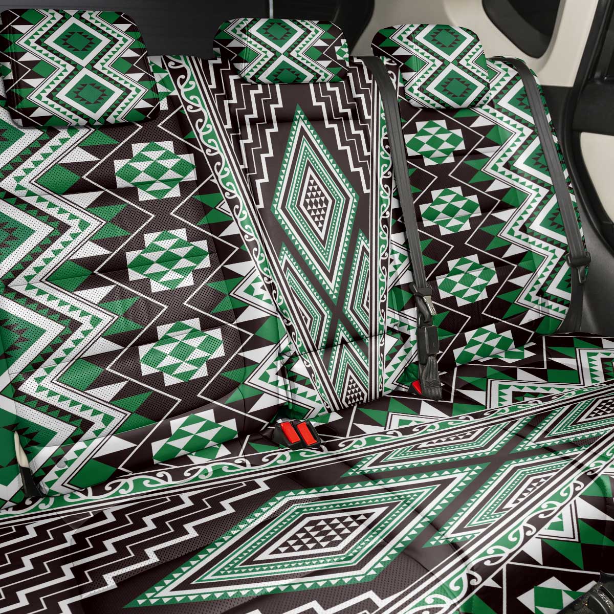 Green Aotearoa Tukutuku and Poutama Motif Back Car Seat Cover LT03 - Polynesian Pride