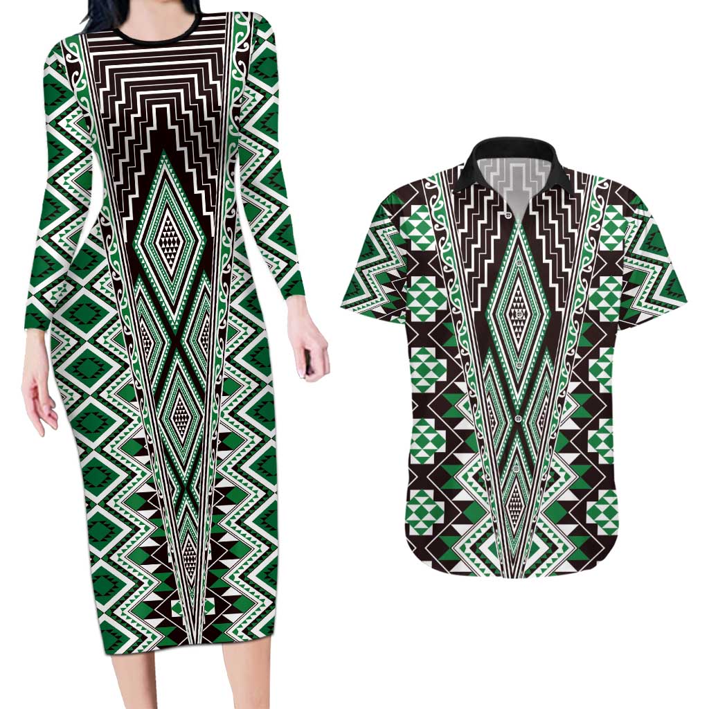 Green Aotearoa Tukutuku and Poutama Motif Couples Matching Long Sleeve Bodycon Dress and Hawaiian Shirt LT03 Green - Polynesian Pride