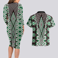 Green Aotearoa Tukutuku and Poutama Motif Couples Matching Long Sleeve Bodycon Dress and Hawaiian Shirt LT03 - Polynesian Pride
