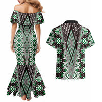 Green Aotearoa Tukutuku and Poutama Motif Couples Matching Mermaid Dress and Hawaiian Shirt LT03 - Polynesian Pride