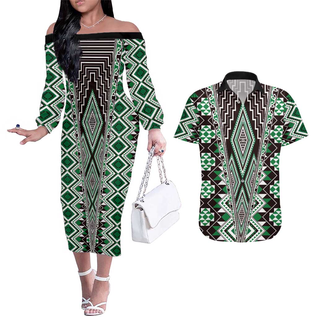 Green Aotearoa Tukutuku and Poutama Motif Couples Matching Off The Shoulder Long Sleeve Dress and Hawaiian Shirt LT03 Green - Polynesian Pride