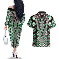 Green Aotearoa Tukutuku and Poutama Motif Couples Matching Off The Shoulder Long Sleeve Dress and Hawaiian Shirt LT03 - Polynesian Pride