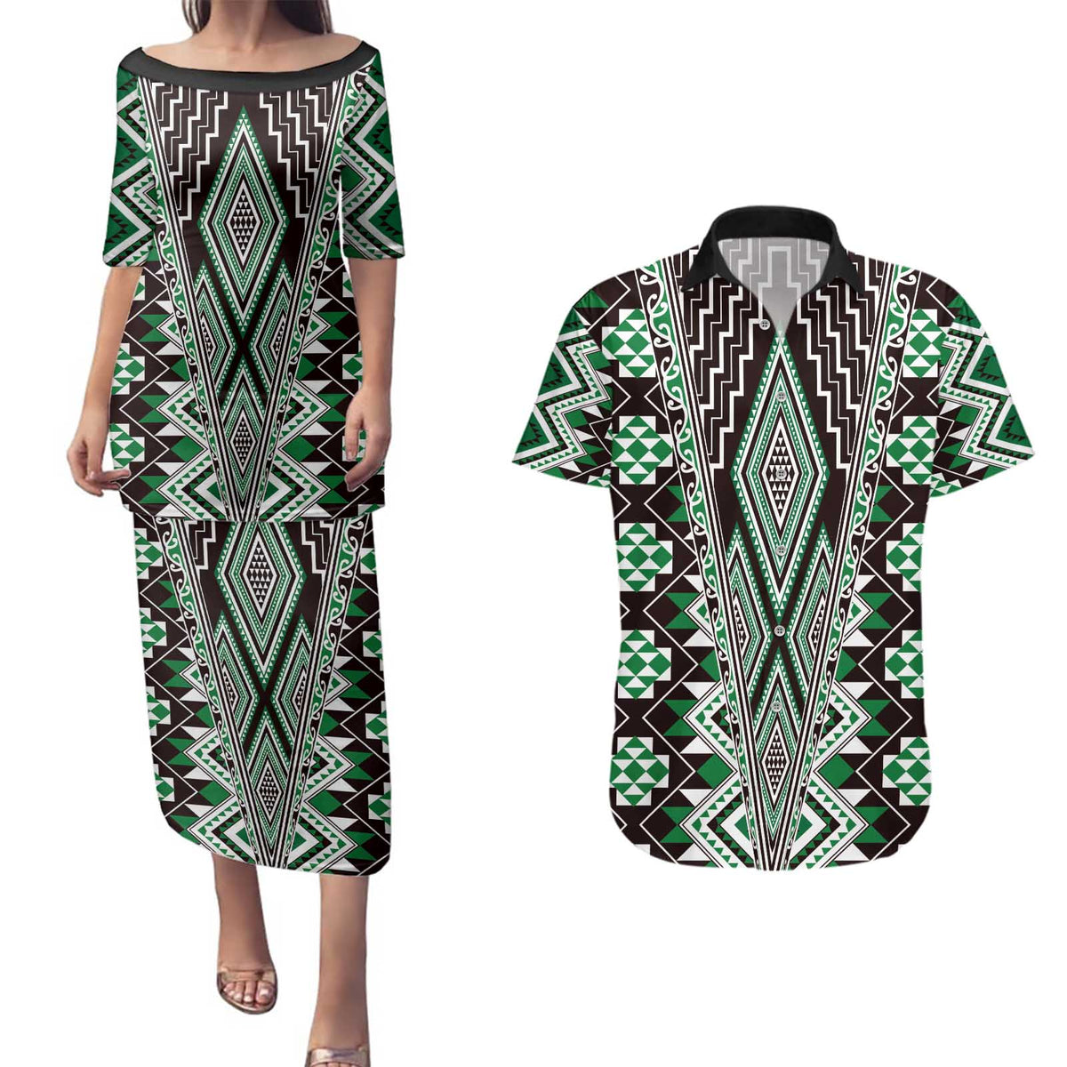 Green Aotearoa Tukutuku and Poutama Motif Couples Matching Puletasi and Hawaiian Shirt LT03 Green - Polynesian Pride
