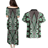 Green Aotearoa Tukutuku and Poutama Motif Couples Matching Puletasi and Hawaiian Shirt LT03 - Polynesian Pride